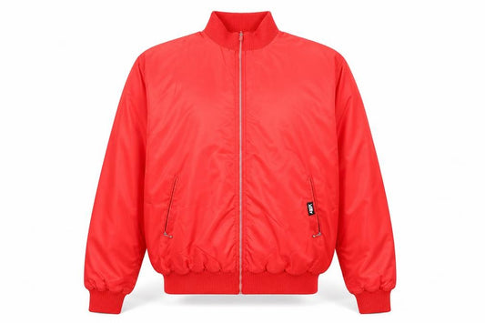 Front view of Killy Men’s Red Bomber Jacket, size L, Retro Nylon Full Zip