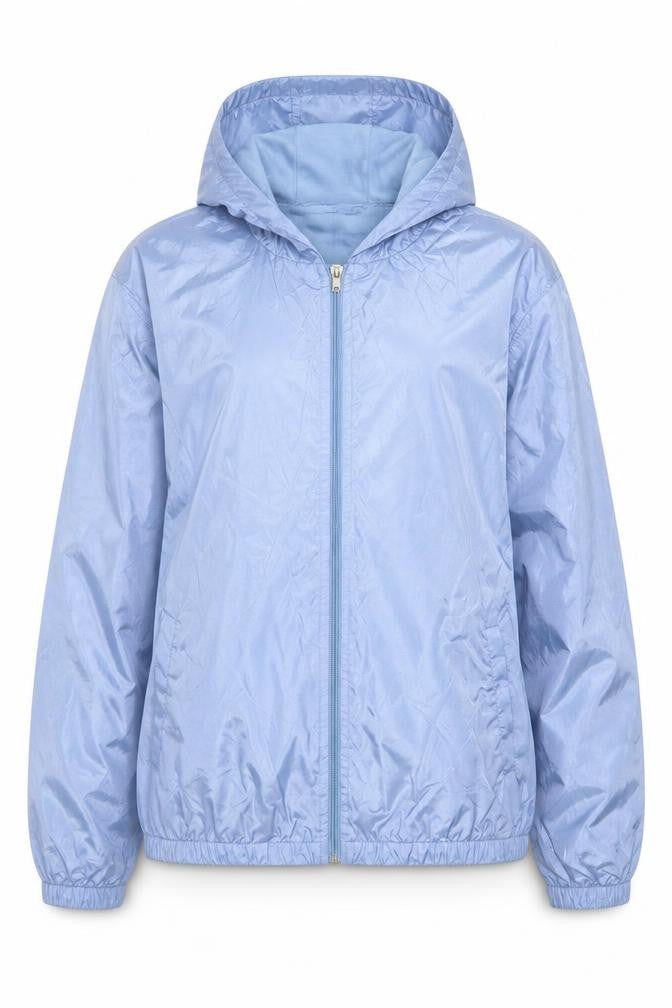 Front view of LAVON Women Blue Hooded Nylon Windbreaker Jacket M