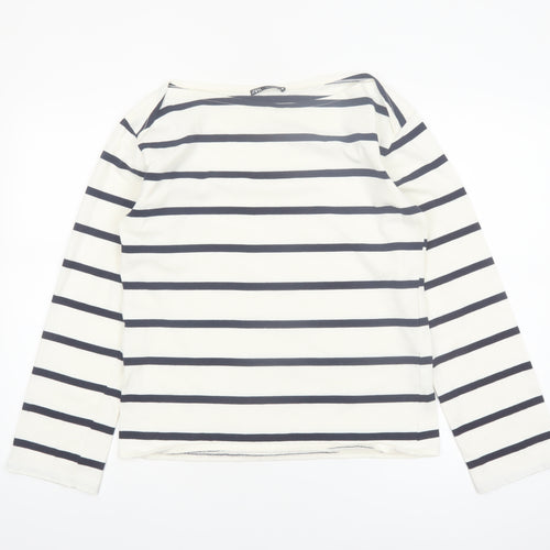 ZARA Women White Striped Long Sleeve Boat Neck Cotton T-Shirt Size 8