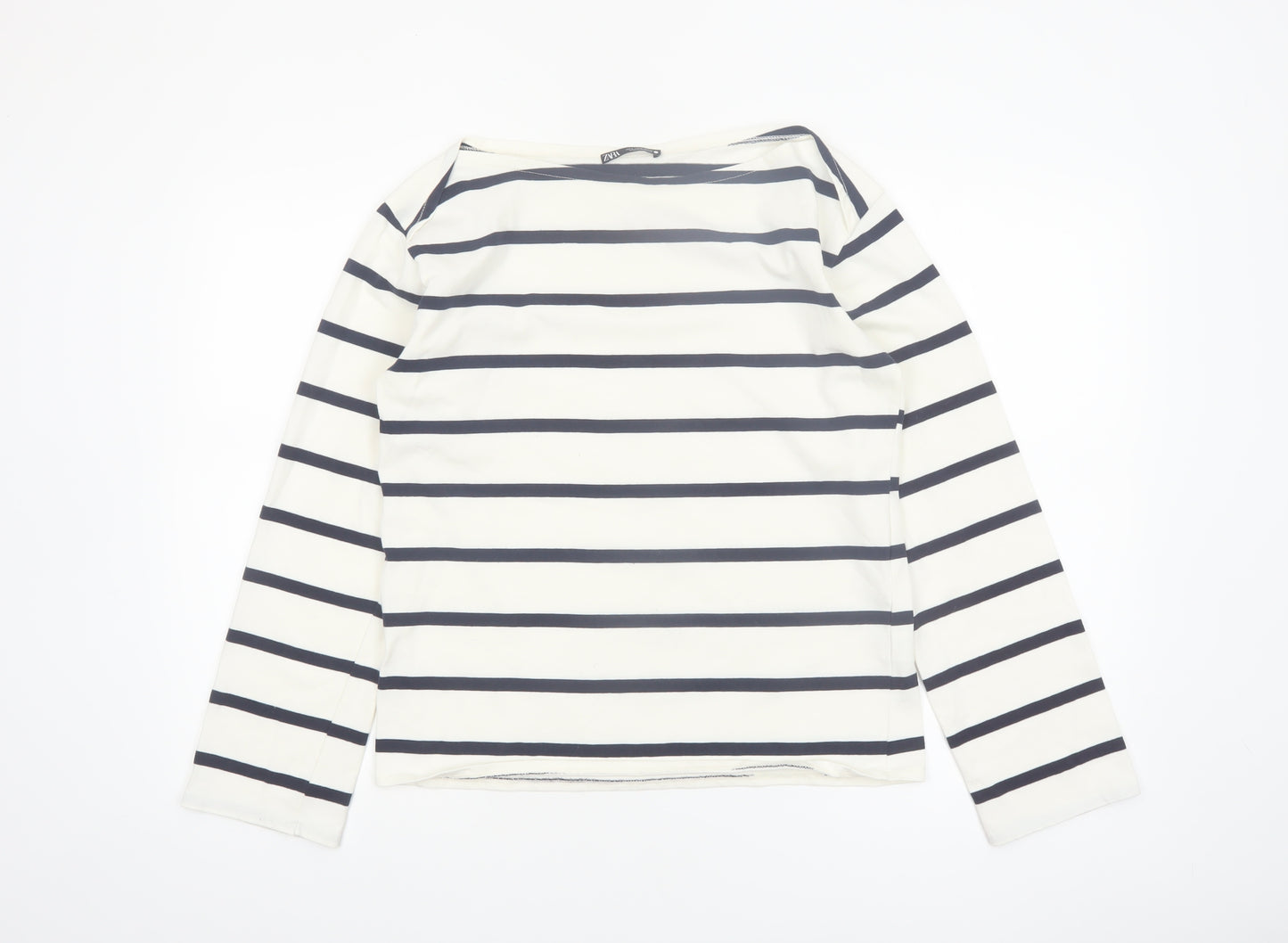 ZARA Women White Striped Long Sleeve Boat Neck Cotton T-Shirt Size 8