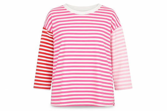 Front view of ASOS Women’s Multicoloured Striped 3/4 Sleeve Cotton T-Shirt, size UK 8