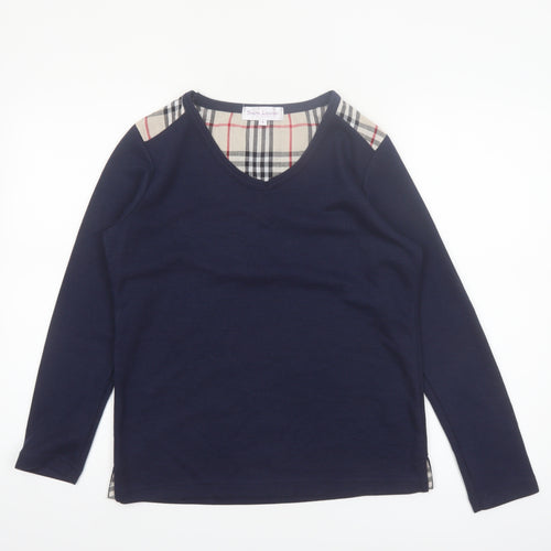 Sara Louise Womens Blue Check Trim Long Sleeve V-Neck T-Shirt Size S