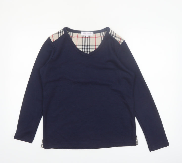 Sara Louise Womens Blue Check Trim Long Sleeve V-Neck T-Shirt Size S