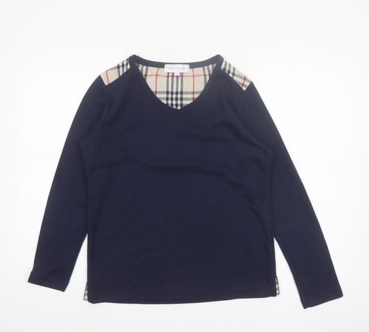 Sara Louise Womens Blue Check Trim Long Sleeve V-Neck T-Shirt Size S