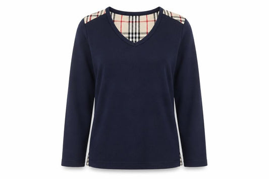 Front view of Sara Louise women’s blue check trim long sleeve v-neck t-shirt, size S