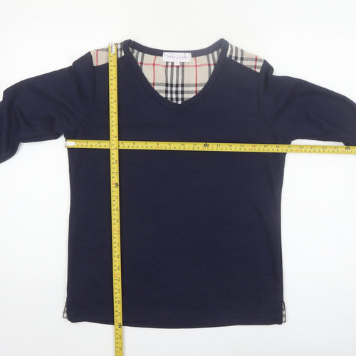 Sara Louise Womens Blue Check Trim Long Sleeve V-Neck T-Shirt Size S