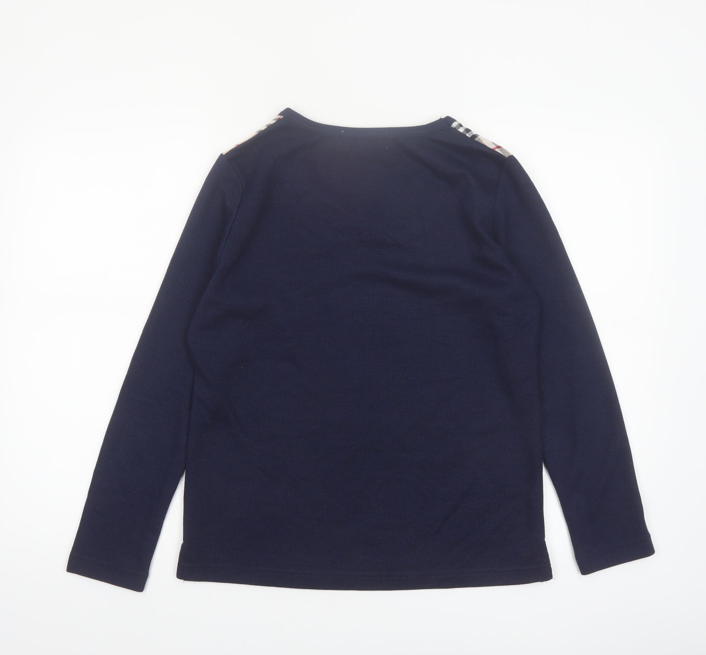 Sara Louise Womens Blue Check Trim Long Sleeve V-Neck T-Shirt Size S