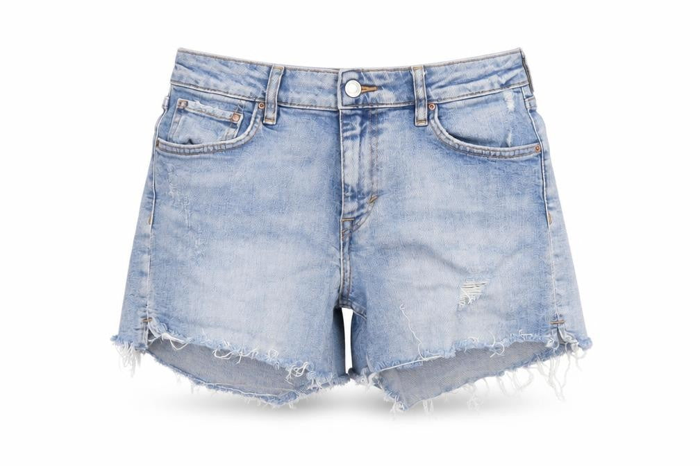 Front view of &Denim women’s blue, size UK 8, cut-off stretch denim shorts