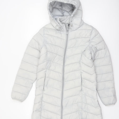 George Women’s Grey Puffer Jacket Hooded S 8-10 Quilted Mid-Length