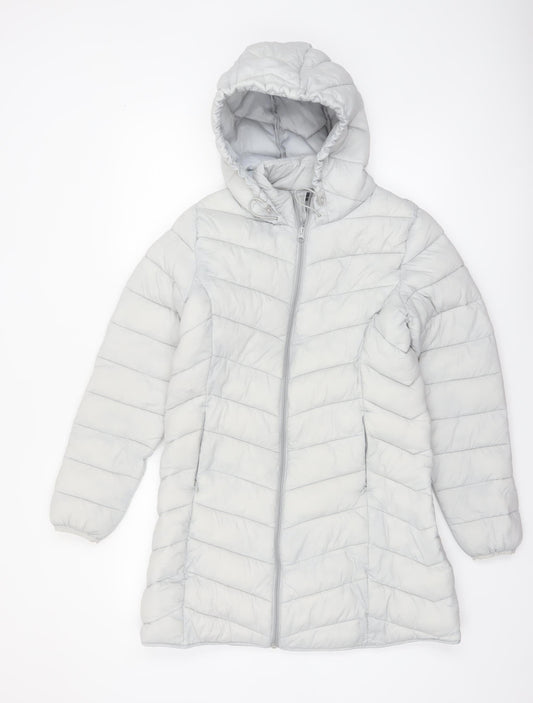 George Women’s Grey Puffer Jacket Hooded S 8-10 Quilted Mid-Length