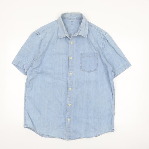 Marks and Spencer Men's Blue Cotton Short Sleeve Button-Up Shirt Size L