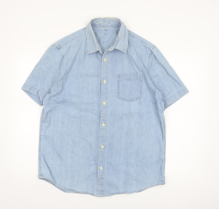 Marks and Spencer Men's Blue Cotton Short Sleeve Button-Up Shirt Size L
