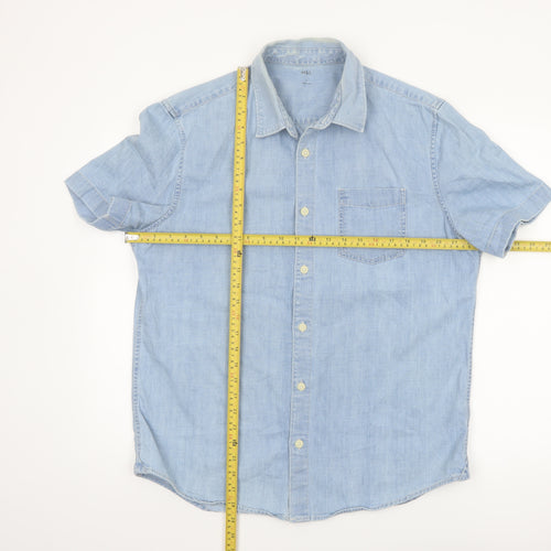 Marks and Spencer Men's Blue Cotton Short Sleeve Button-Up Shirt Size L
