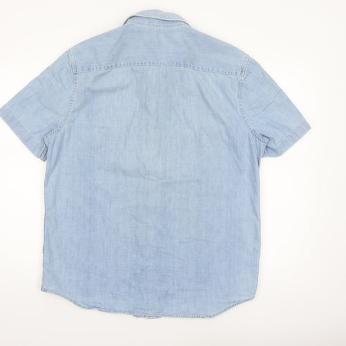 Marks and Spencer Men's Blue Cotton Short Sleeve Button-Up Shirt Size L