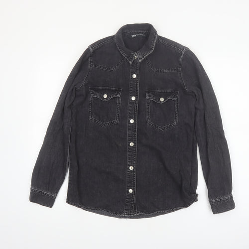 Zara Women's Black Denim Button-Up Shirt XS Regular Fit