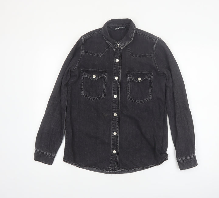 Zara Women's Black Denim Button-Up Shirt XS Regular Fit