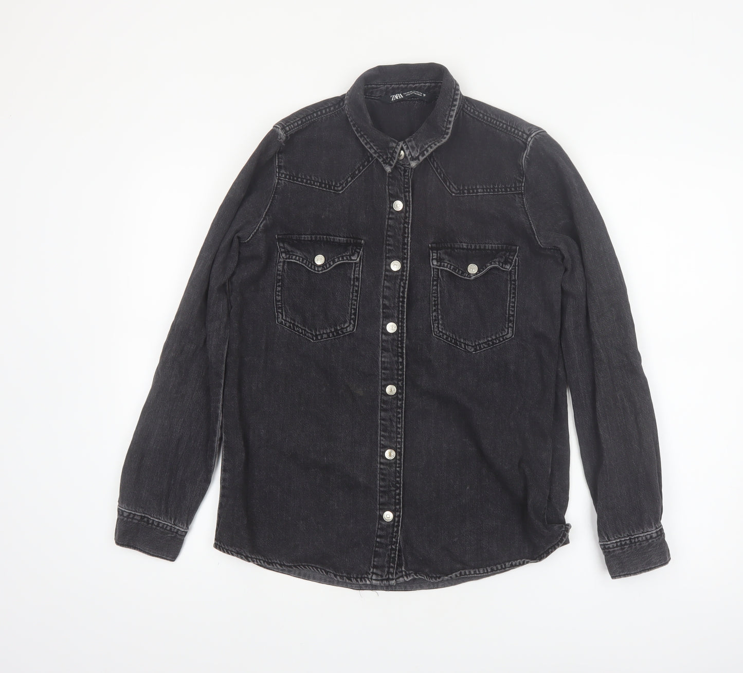Zara Women's Black Denim Button-Up Shirt XS Regular Fit