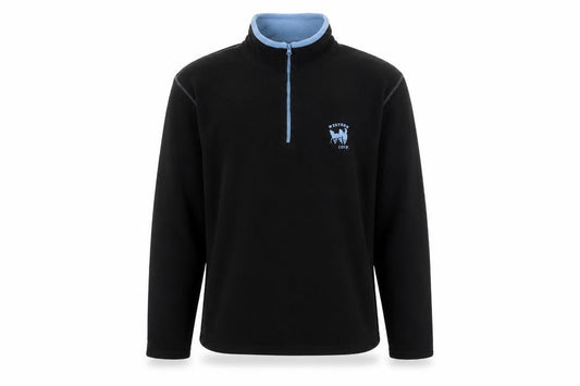 Front view of Atlas For Men Black Fleece Quarter Zip Pullover Sweatshirt, size L