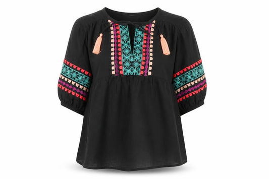 Front view of Marks & Spencer Per Una women’s black embroidered bohemian cotton blouse, size UK 6