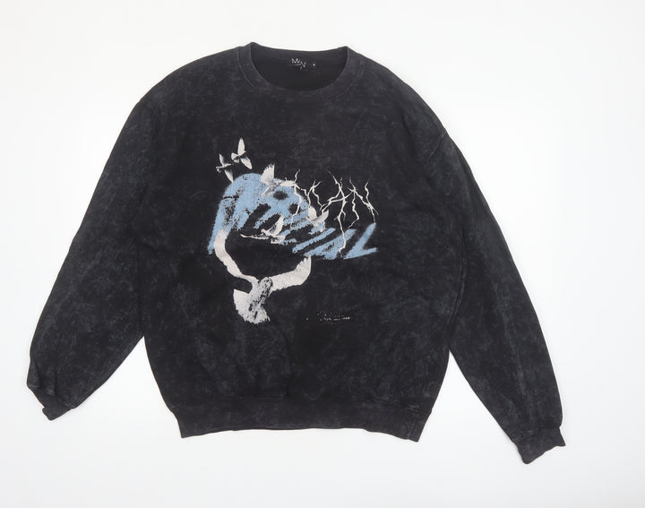 boohooMAN Men's Black Graphic Print Sweatshirt Medium Pullover