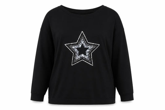 Front view of Live For The Weekend Women's Black Sequin Star Long Sleeve T-Shirt, size 20