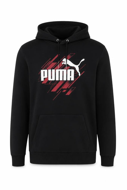 Front view of Puma Men's Black XL Pullover Hoodie with Logo Graphic Print