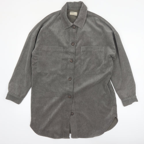 Pull&Bear Men's Grey Corduroy Button-Up Long Sleeve Shirt S