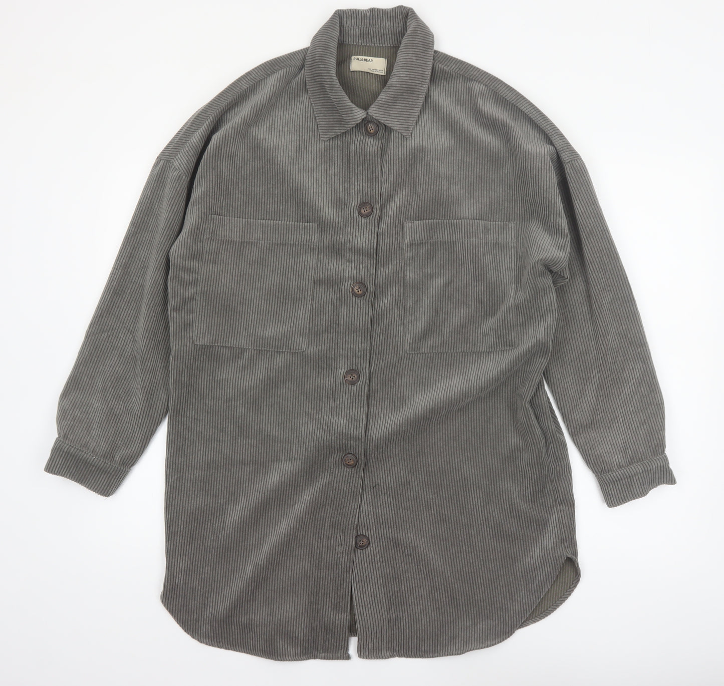 Pull&Bear Men's Grey Corduroy Button-Up Long Sleeve Shirt S