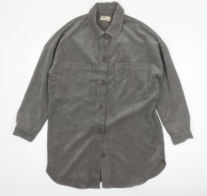 Pull&Bear Men's Grey Corduroy Button-Up Long Sleeve Shirt S