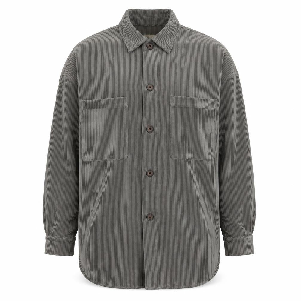 Front view of Pull&Bear Men's Grey Corduroy Button-Up Long Sleeve Shirt S