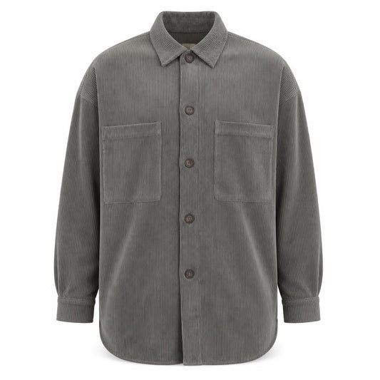 Front view of Pull&Bear Men's Grey Corduroy Button-Up Long Sleeve Shirt S