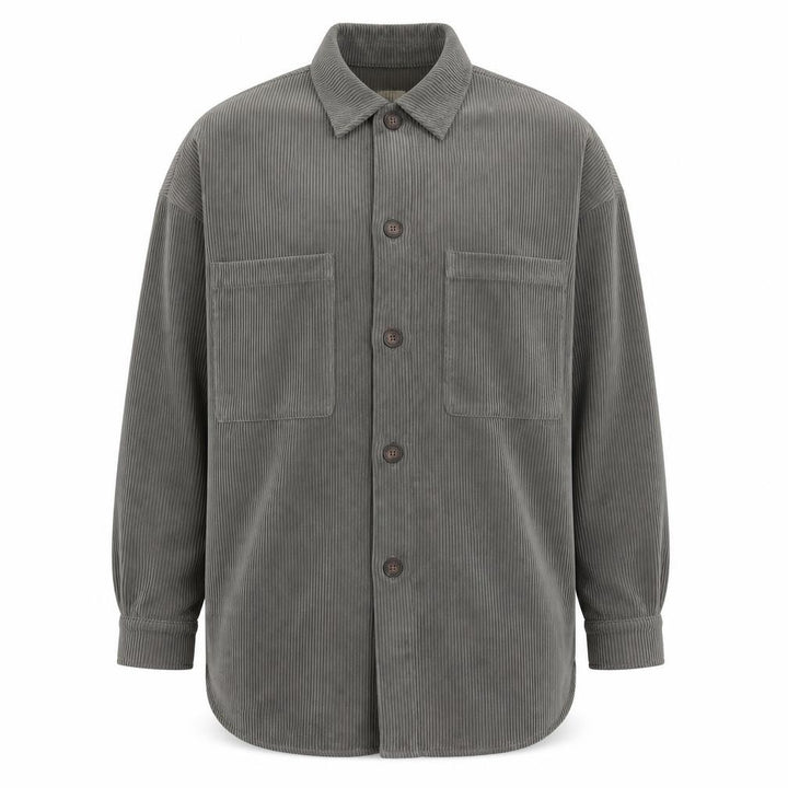 Pull&Bear Men's Grey Corduroy Button-Up Long Sleeve Shirt S