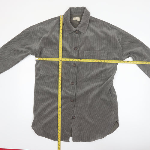 Pull&Bear Men's Grey Corduroy Button-Up Long Sleeve Shirt S