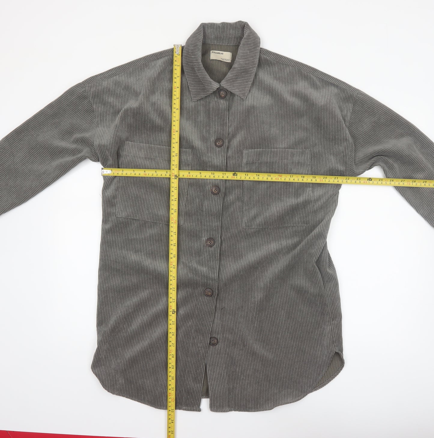Pull&Bear Men's Grey Corduroy Button-Up Long Sleeve Shirt S