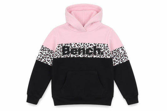Front view of Bench girls’ pink black leopard print pullover hoodie 9-10 years