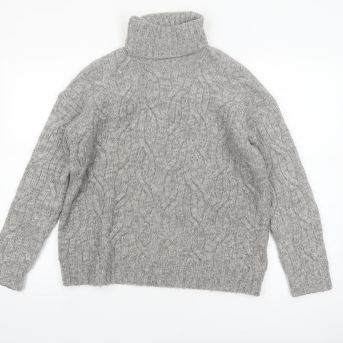 Marks and Spencer Women Grey Roll Neck Cable-Knit Wool Blend Jumper Size S