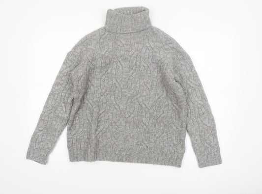 Marks and Spencer Women Grey Roll Neck Cable-Knit Wool Blend Jumper Size S