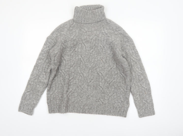 Marks and Spencer Women Grey Roll Neck Cable-Knit Wool Blend Jumper Size S