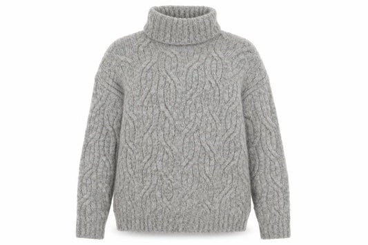 Front view of Marks & Spencer Women Grey Roll Neck Cable-Knit Wool Blend Jumper, size S
