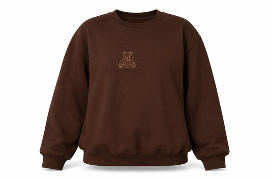 Front view of Kennyuniverse Women’s Brown Pullover Sweatshirt Large Teddy Bear Embroidered