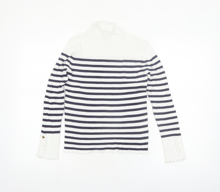 Et Vous Womens White Navy Striped Mock Neck Ribbed Jumper Size 12