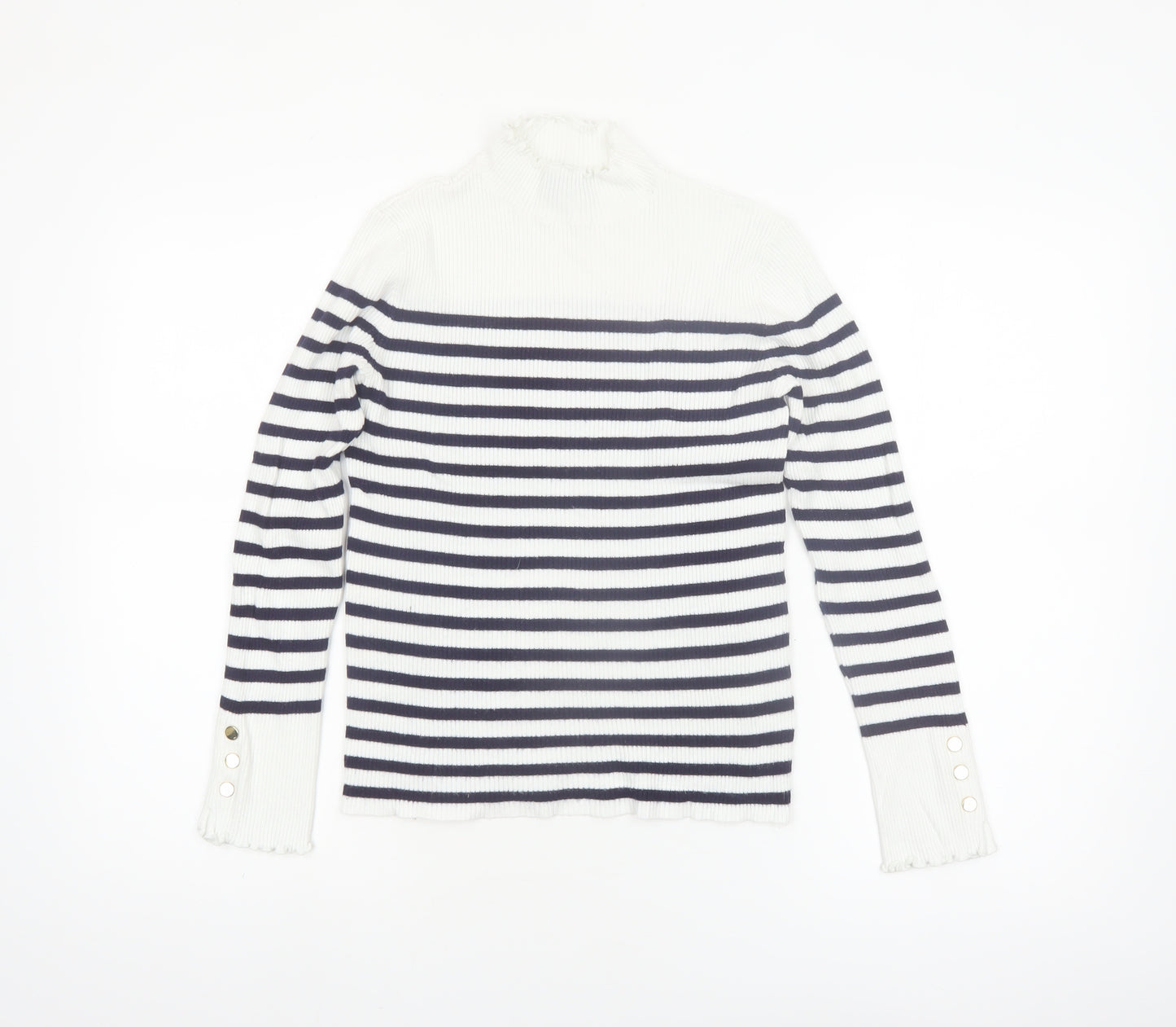 Et Vous Womens White Navy Striped Mock Neck Ribbed Jumper Size 12