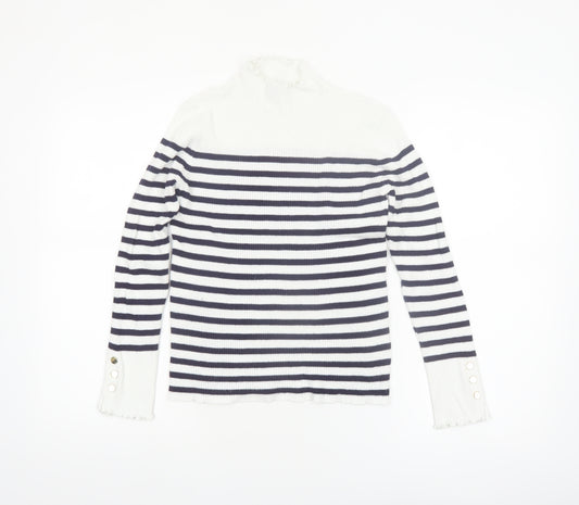 Et Vous Womens White Navy Striped Mock Neck Ribbed Jumper Size 12