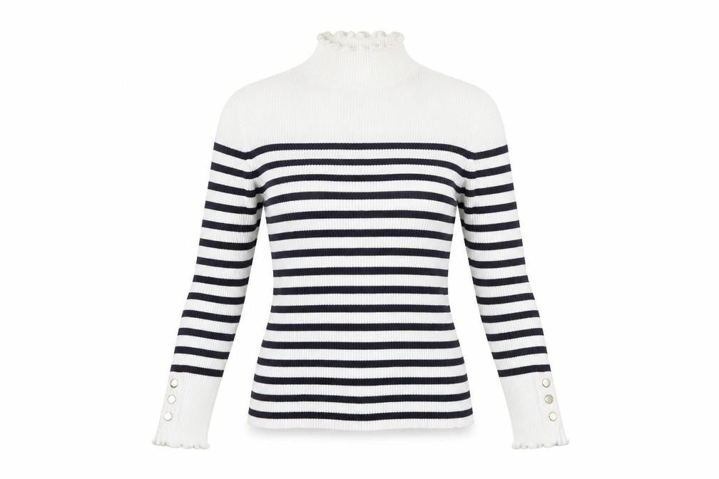 Front view of Et Vous women’s white navy striped mock neck ribbed jumper, size UK 12