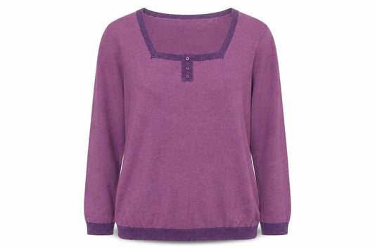 Front view of Autonomy Women's Purple, size 14, Henley Knit Jumper 3/4 Sleeve