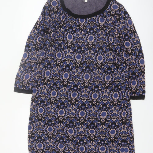 Monsoon Women Blue Floral Cotton Knit Shift Dress L