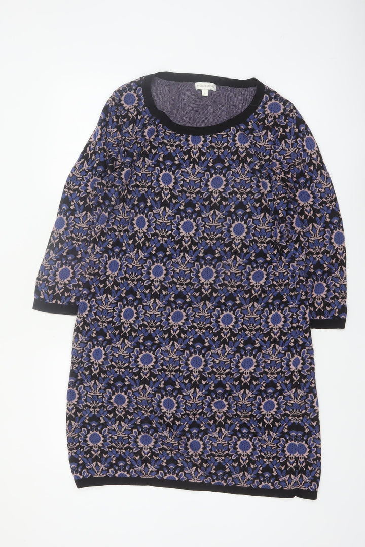 Monsoon Women Blue Floral Cotton Knit Shift Dress L
