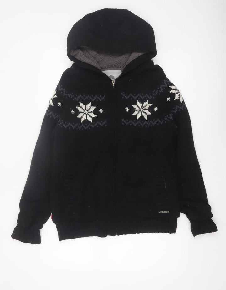 TOG24 Women's Black Fair Isle Full Zip Hooded Jumper Size 12