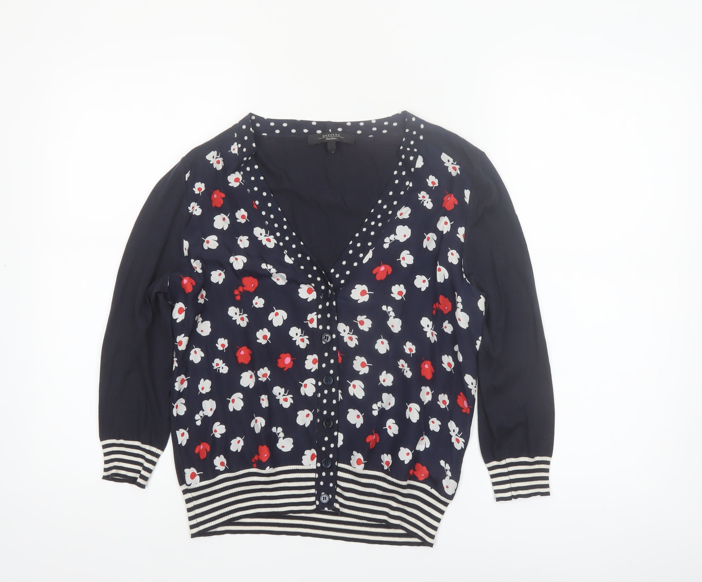 MaxMara Weekend Women's Blue Floral Knit Silk Cotton V-Neck Cardigan M