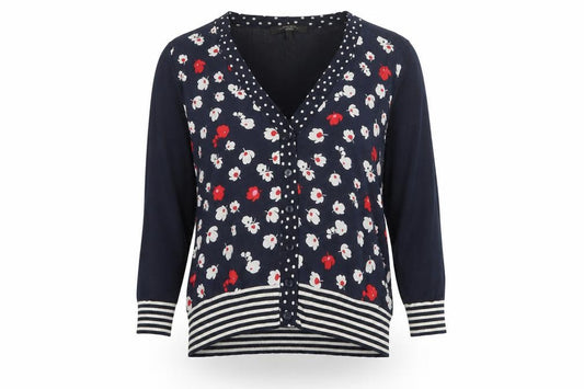 Front view of MaxMara Weekend Women's Blue Floral Knit Silk Cotton V-Neck Cardigan M